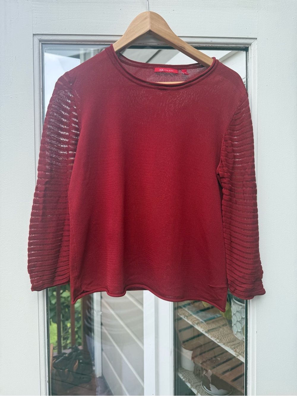 Anne Klein Red Long-Sleeve Crewneck Top with Sheer Textured Sleeves